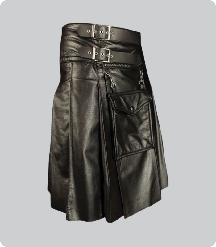 Custom Made Black Leather Kilt Left Side