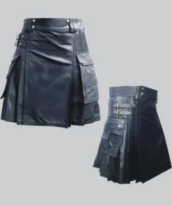 Custom Made Traditional Black Leather Kilt Both