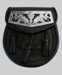 Hand Made Black Celtic Embossed Thistle Plate Leather Sporran