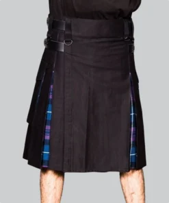 Hand Made Black Cotton Hybrid Kilt With Scotland Tartan Side