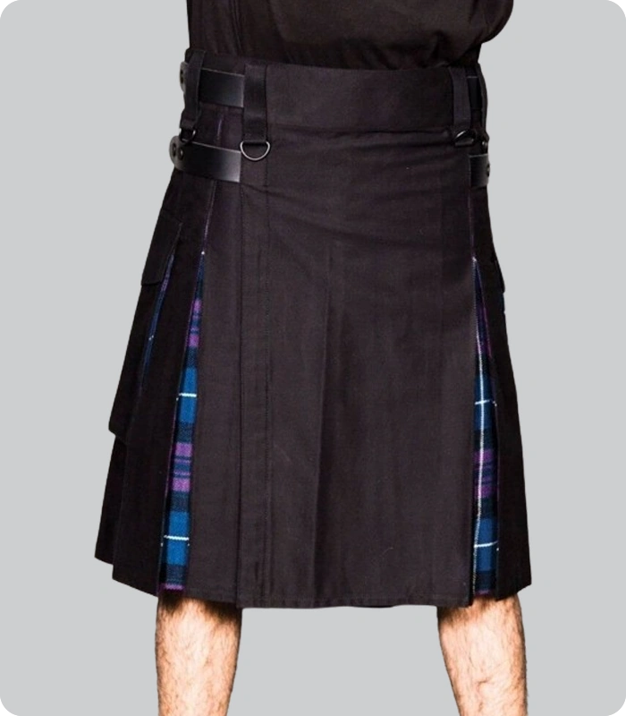 Hand Made Black Cotton Hybrid Kilt With Scotland Tartan Side