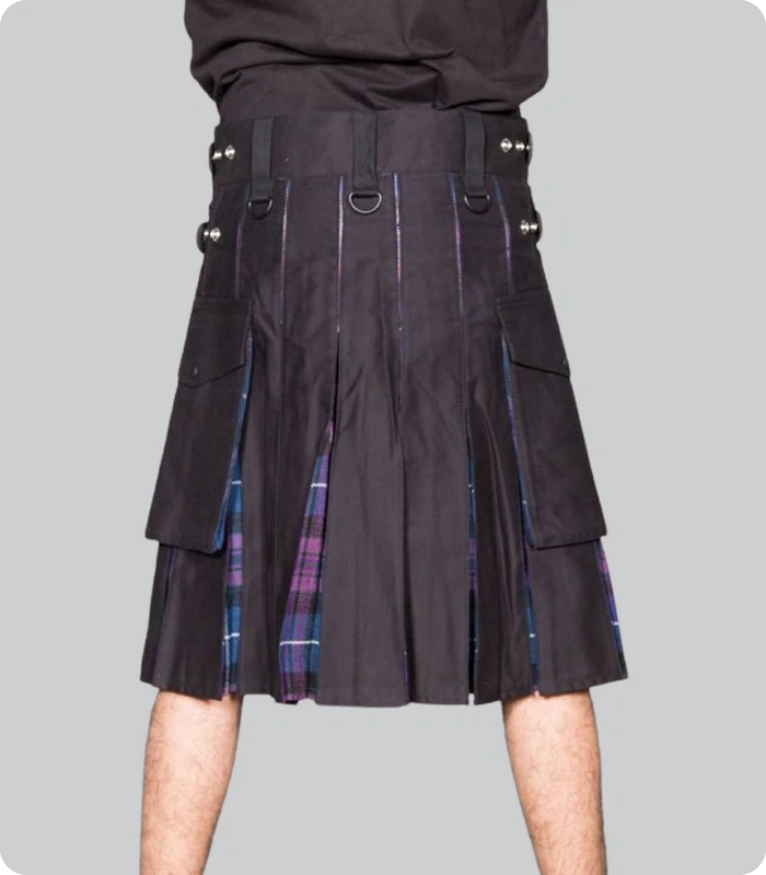 Hand Made Black Cotton Hybrid Kilt With Scotland Tartan back