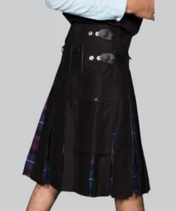 Hand Made Black Cotton Hybrid Kilt With Scotland Tartan left side