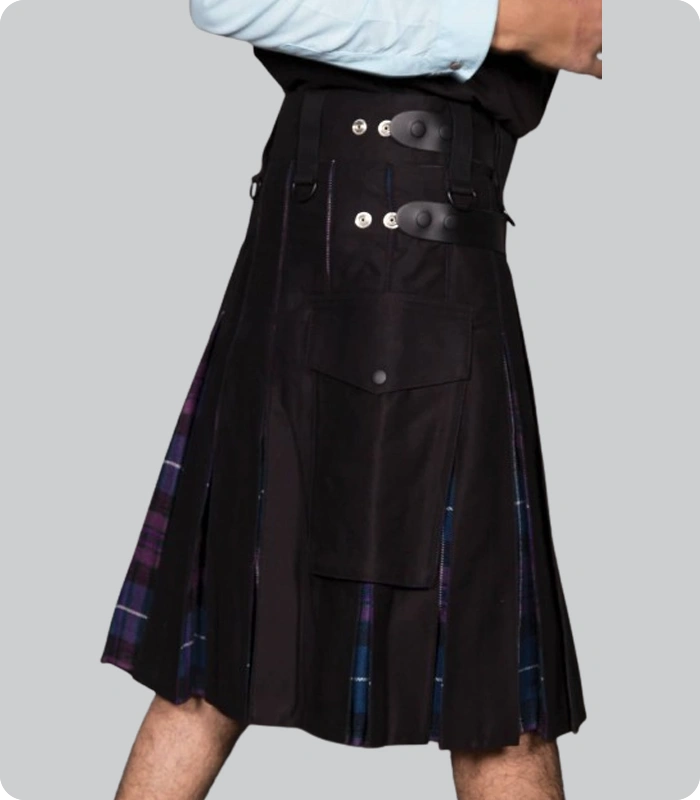 Hand Made Black Cotton Hybrid Kilt With Scotland Tartan left side