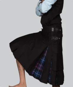 Hand Made Black Cotton Hybrid Kilt With Scotland Tartan right side