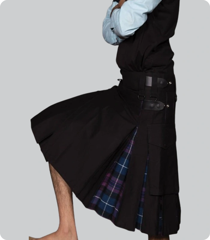 Hand Made Black Cotton Hybrid Kilt With Scotland Tartan right side