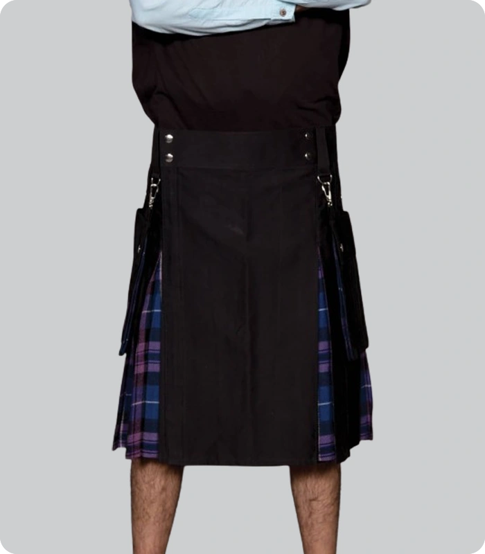 Hand Made Black Cotton Hybrid Kilt With Scotland Tartan