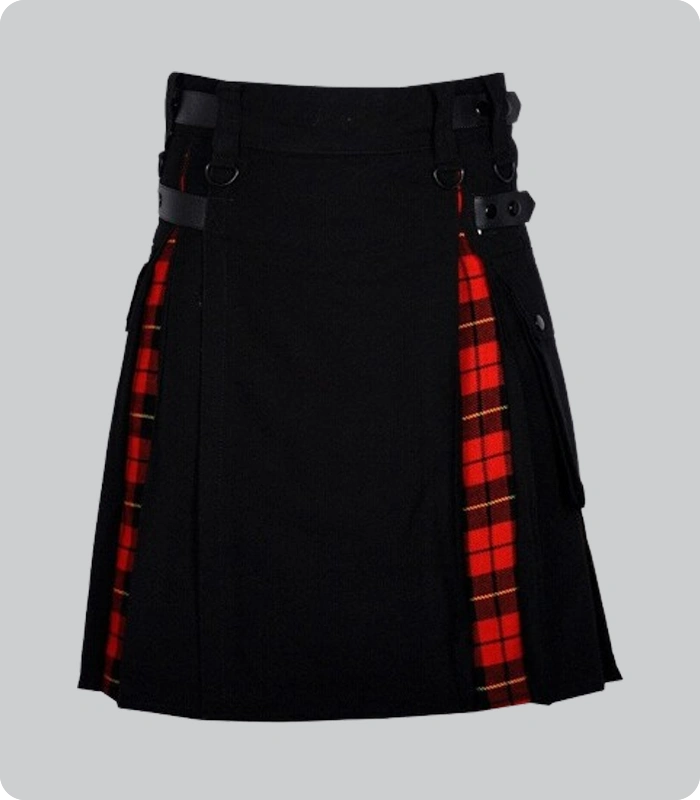 Hand Made Black Cotton Wallace Tartan Scottish Utility Cargo Hybrid Kilt