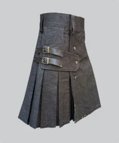 Hand Made Black Denim Leather Strap Kilt