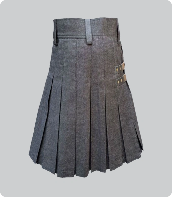 Hand Made Black Denim Leather Strap Kilt Back