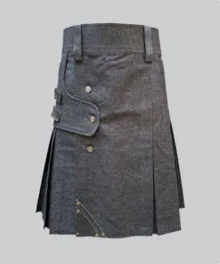 Hand Made Black Denim Leather Strap Kilt Side