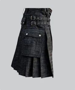 Hand Made Black Denim Modern Kilt With Cargo Pockets