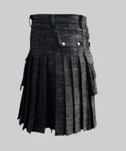 Hand Made Black Denim Modern Kilt With Cargo Pockets Back