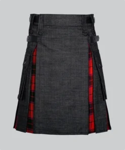 Hand Made Black Denim Wallace Tartan Scottish Hybrid Kilt