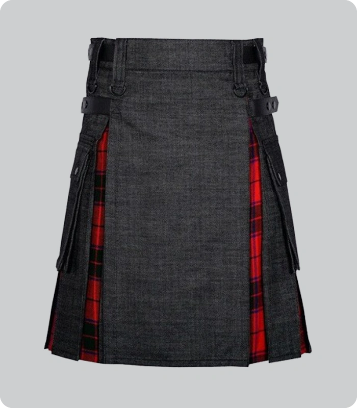 Hand Made Black Denim Wallace Tartan Scottish Hybrid Kilt