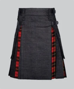 Hand Made Black Denim Wallace Tartan Scottish Hybrid Kilt