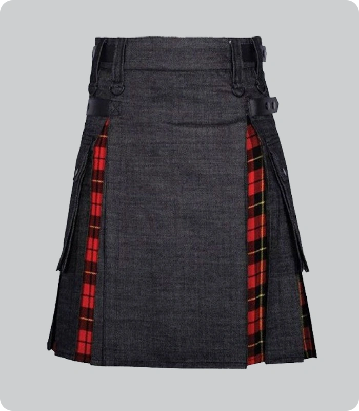 Hand Made Black Denim Wallace Tartan Scottish Hybrid Kilt