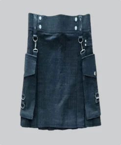 Hand Made Black Denim kilt with Cargo Pockets Side