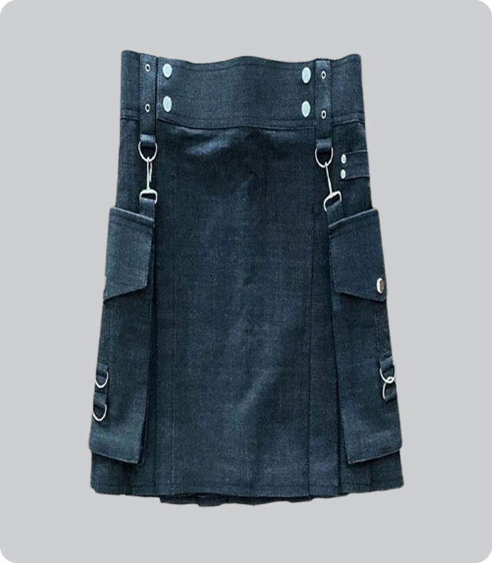 Hand Made Black Denim kilt with Cargo Pockets Side