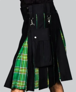 Hand Made Black Hybrid Kilt With Irish Tartan Left Side