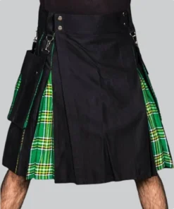 Hand Made Black Hybrid Kilt With Irish Tartan Side