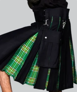 Hand Made Black Hybrid Kilt With Irish Tartan With Pocket