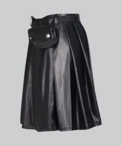 Hand Made Black Leather Full Pleated Kilt Left side