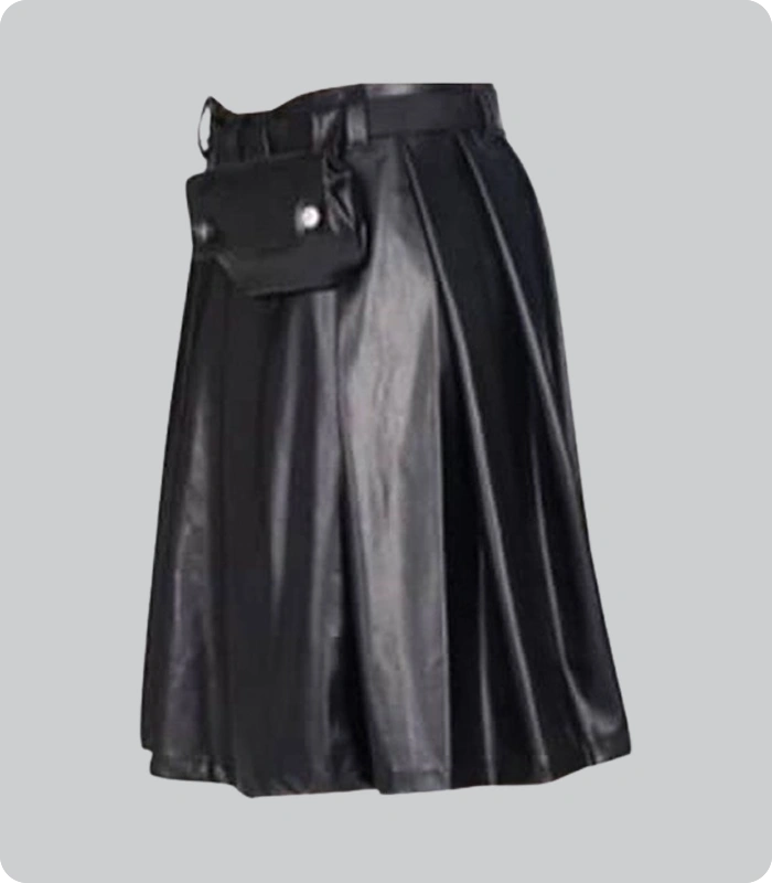 Hand Made Black Leather Full Pleated Kilt Left side