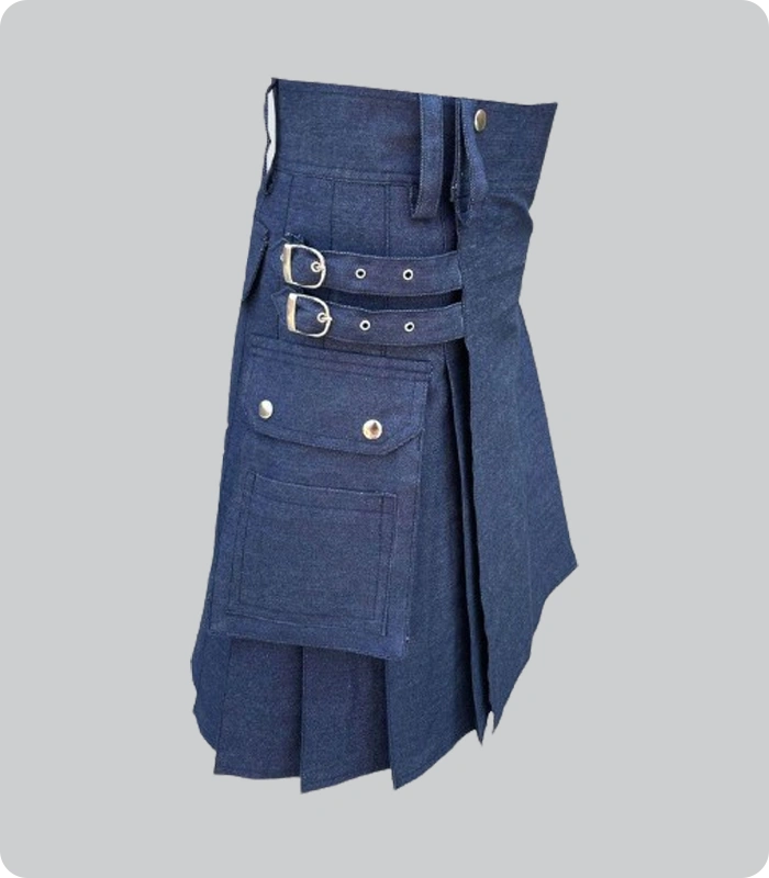 Hand Made Blue Scottish Denim Kilt Side