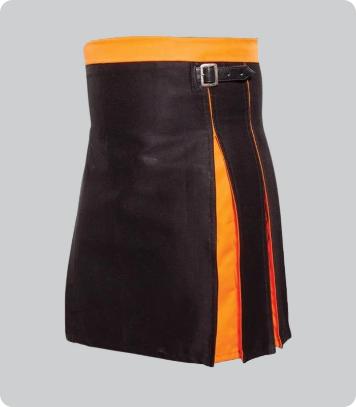 Hand Made Box Pleated Modern Black And Orange Hybrid Kilt Back