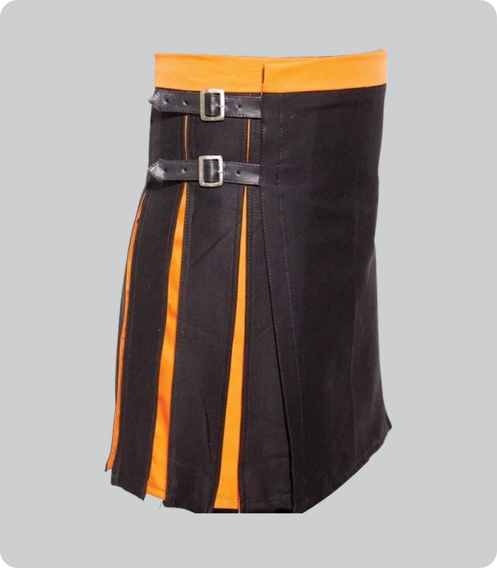 Hand Made Box Pleated Modern Black And Orange Hybrid Kilt Left Side