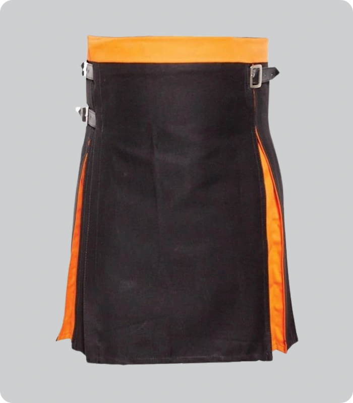 Hand Made Box Pleated Modern Black And Orange Hybrid Kilt