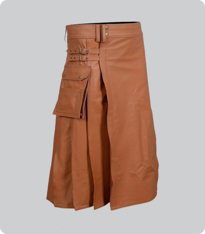 Hand Made Brown Leather Utility Kilt Side