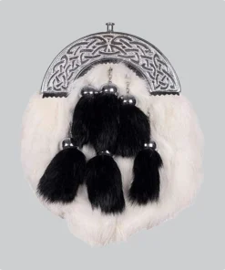 Hand Made Chrome Celtic Cantle White Rabbit Fur Sporran With 6 Black Fur Tassels