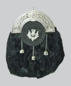Hand Made Chrome Plain Celtic Thistle Targe Black Rabbit Fur Sporran