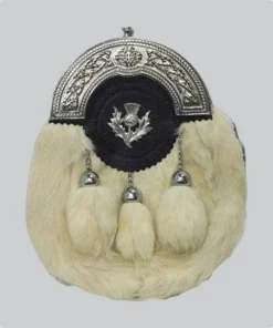 Hand Made Chrome Plain CelticThistl Targe White Rabbit Fur Sporran