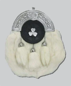 Hand Made Chrome Plain Shamrock Targe White Rabbit Fur Sporran