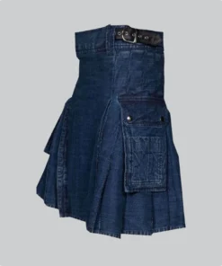 Hand Made Dark Blue Stylish Denim Kilt Side