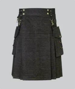 Hand Made Durable Black Denim Kilt with Convenient Pockets