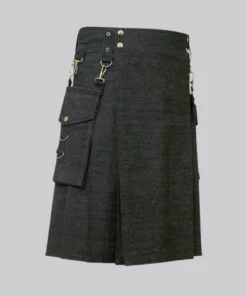 Hand Made Durable Black Denim Kilt with Convenient Pockets Side