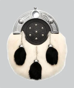 Hand Made Full Dress Chrome Knot And Tage Sporran White Black Rabbit Fur