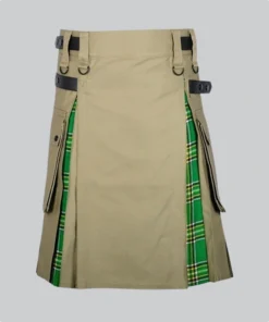 Hand Made Khaki Cotton Irish Tartan Scottish Utility Cargo Hybrid Kilt