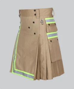 Hand Made Khaki Fireman Utility Kilt With High visible Reflactor Tape Back