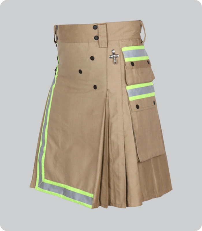 Hand Made Khaki Fireman Utility Kilt With High visible Reflactor Tape Back