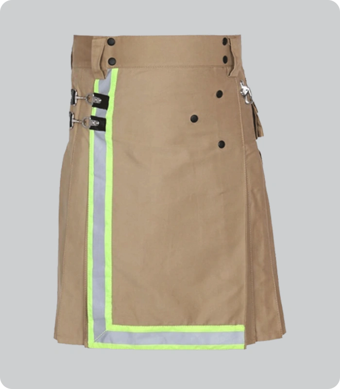Hand Made Khaki Fireman Utility Kilt With High visible Reflactor Tape