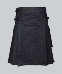 Hand Made Men Black Denim Utility Kilt Back