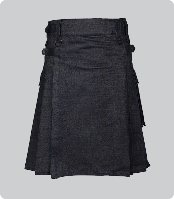 Hand Made Men Black Denim Utility Kilt Back