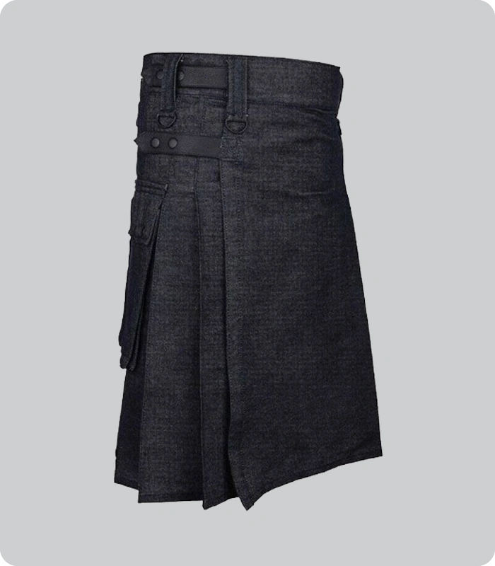Hand Made Men Black Denim Utility Kilt
