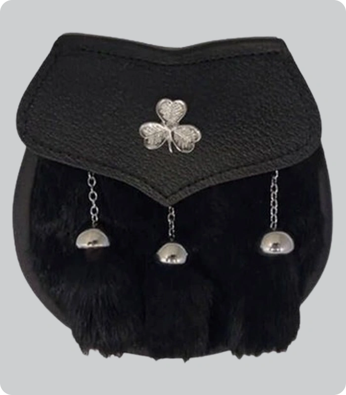 Hand Made Semi Dress Sporran Black Rabbit Fur Shamrock Emblem