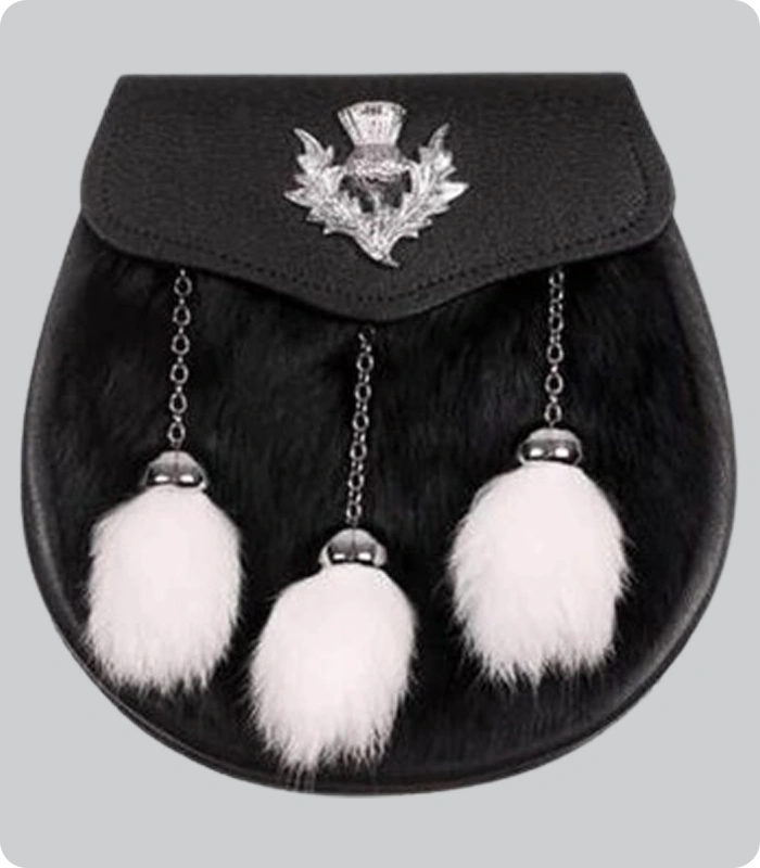 Hand Made Semi Dress Sporran Gray Rabbit Fur Studdded Emboss